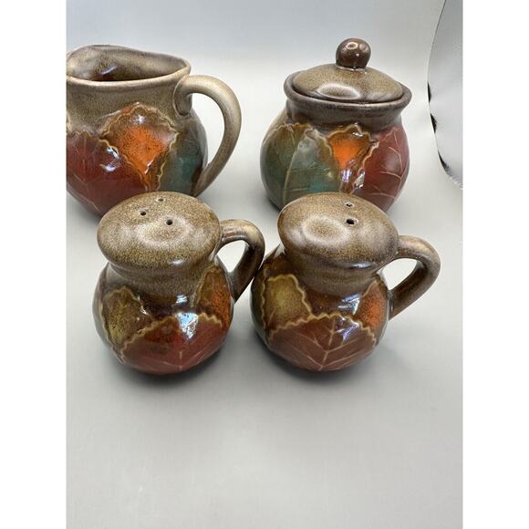 Vintage Ceramic Fall Leaf Pattern Cream Sugar Salt Pepper Unmarked - Picture 7 of 7